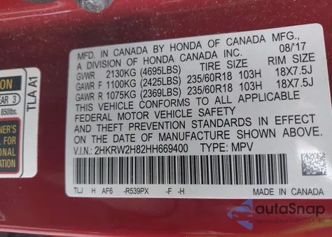 2017 Honda Cr-V Ex-L/Ex-L Navi from USA, damaged, VIN 2HKRW2H82HH669400